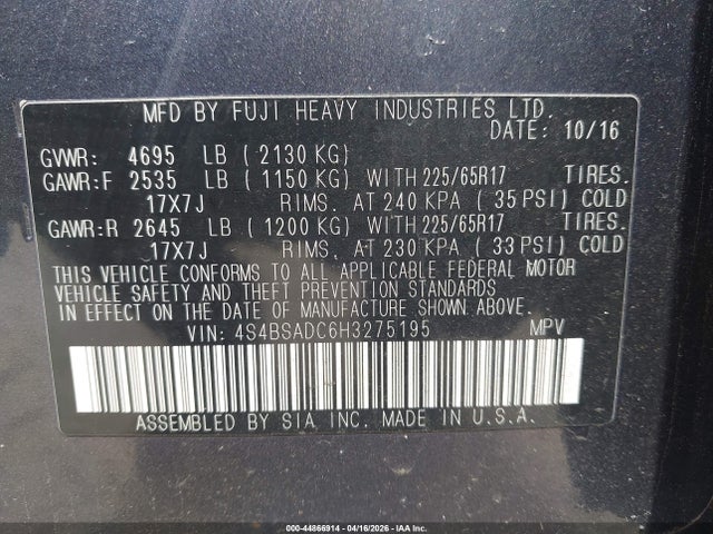 44866914 :رقم المزاد ، 4S4BSADC6H3275195 vin ، 2017 Subaru Outback 2.5i Premium مزاد بيع