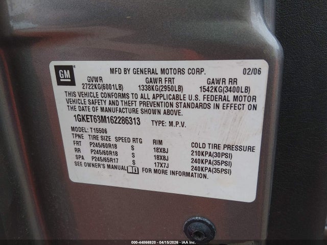 Aukcja sprzedaży 2006 Gmc Envoy Denali, vin: 1GKET63M162286313, numer aukcji: 44866920