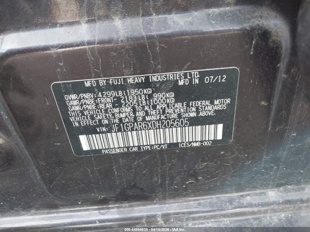 44866935 :رقم المزاد ، JF1GPAR6XDH205605 vin ، 2013 Subaru Impreza 2.0i Sport Limited مزاد بيع