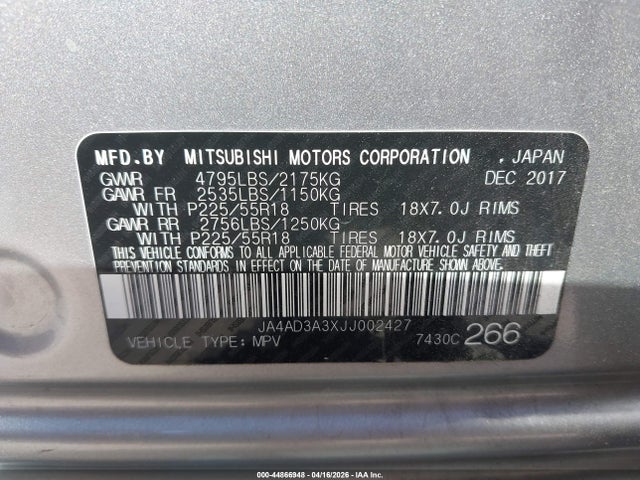 44866948 :رقم المزاد ، JA4AD3A3XJJ002427 vin ، 2018 Mitsubishi Outlander Se مزاد بيع