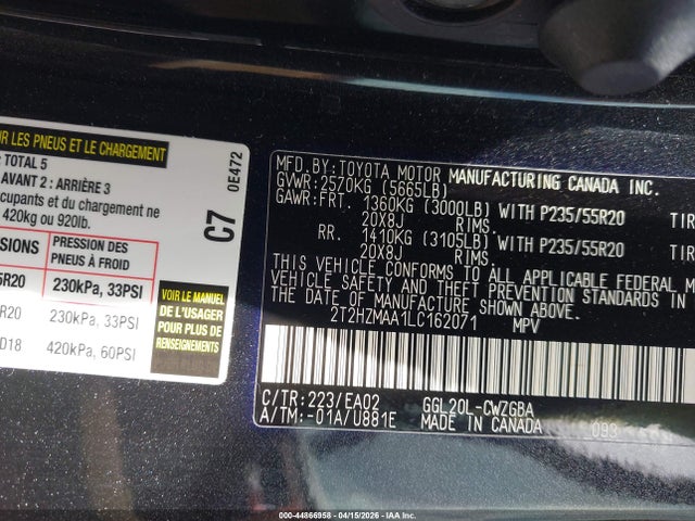 Продажа на аукционе авто 2020 Lexus Rx 350, vin: 2T2HZMAA1LC162071, номер лота: 44866958