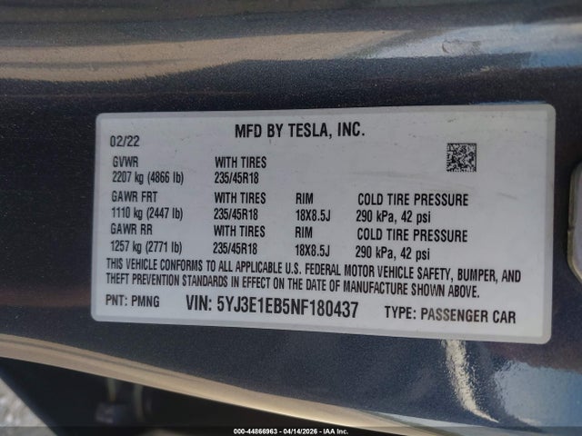 Продаж на аукціоні авто 2022 Tesla Model 3 Long Range Dual Motor All-wheel Drive, vin: 5YJ3E1EB5NF180437, номер лоту: 44866963