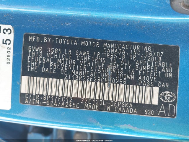 2008 TOYOTA COROLLA 2T1BR32E28C860296 Photo 8