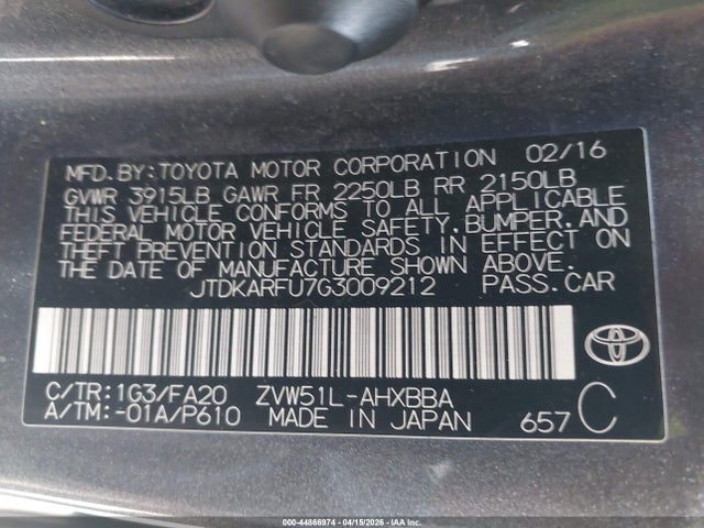 JTDKARFU7G3009212 Toyota Prius Two Eco
