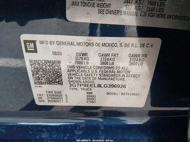 44866975 :رقم المزاد ، 3GTP9EEL8LG396926 vin ، 2020 Gmc Sierra 1500 مزاد بيع