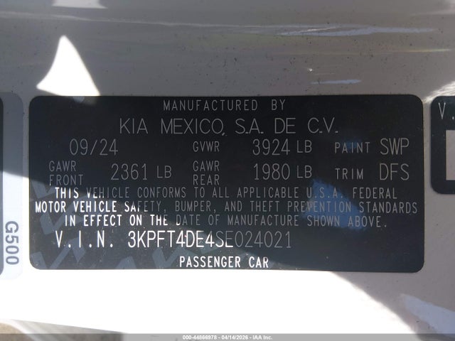Aukcja sprzedaży 2025 Kia K4 Lxs, vin: 3KPFT4DE4SE024021, numer aukcji: 44866978