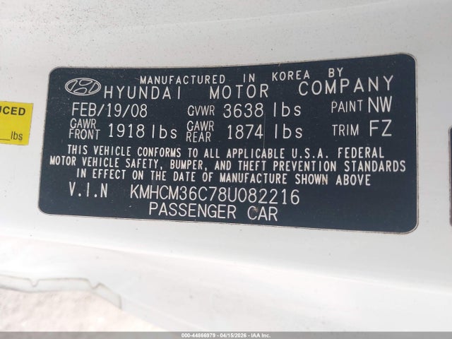 Aukcja sprzedaży 2008 Hyundai Accent Gs, vin: KMHCM36C78U082216, numer aukcji: 44866979