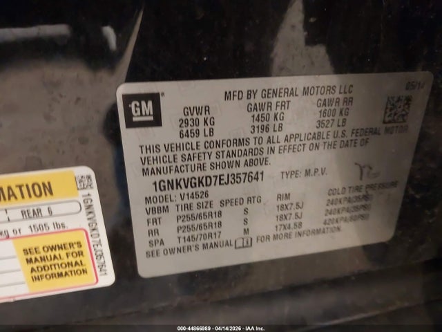 Aukcja sprzedaży 2014 Chevrolet Traverse 1lt, vin: 1GNKVGKD7EJ357641, numer aukcji: 44866989