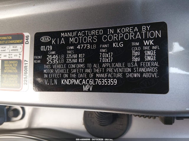 Aukcja sprzedaży 2020 Kia Sportage Lx, vin: KNDPMCAC6L7635359, numer aukcji: 44866996