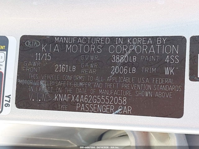 Продаж на аукціоні авто 2016 Kia Forte Lx, vin: KNAFX4A62G5552058, номер лоту: 44867004