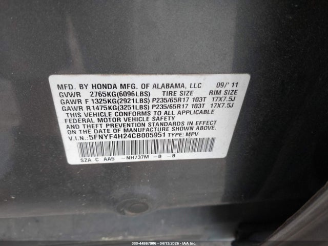 Продаж на аукціоні авто 2012 Honda Pilot Lx, vin: 5FNYF4H24CB005951, номер лоту: 44867006