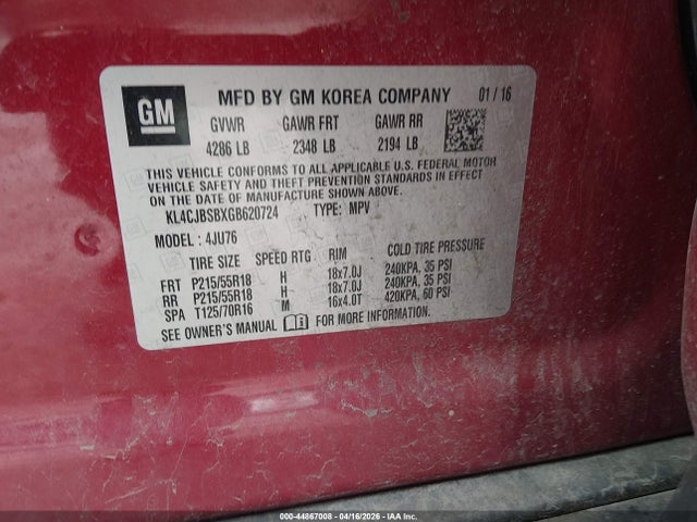 Продажа на аукционе авто 2016 Buick Encore Convenience, vin: KL4CJBSBXGB620724, номер лота: 44867008