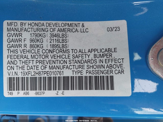 2023 Honda Civic Sport მანქანა იყიდება აუქციონზე, vin: 19XFL2H87PE010761, აუქციონის ნომერი: 44867009