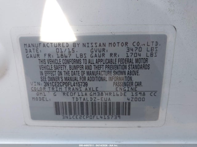 44867011 :رقم المزاد ، 3N1CE2CP0FL415739 vin ، 2015 Nissan Versa Note S (sr)/s Plus/sl/sr/sv مزاد بيع