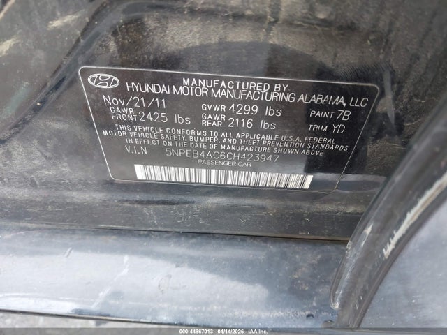 Продажа на аукционе авто 2012 Hyundai Sonata Gls, vin: 5NPEB4AC6CH423947, номер лота: 44867013