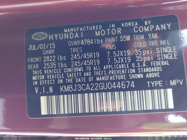44867028 :رقم المزاد ، KM8J3CA22GU044674 vin ، 2016 Hyundai Tucson Limited مزاد بيع