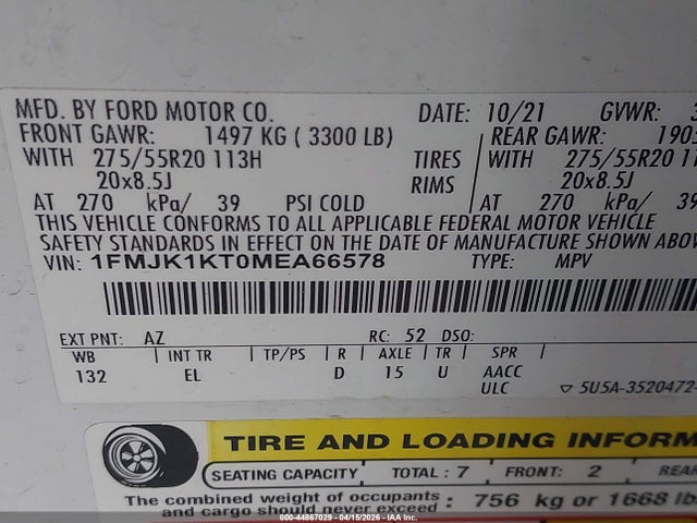 Aukcja sprzedaży 2021 Ford Expedition Limited Max, vin: 1FMJK1KT0MEA66578, numer aukcji: 44867029