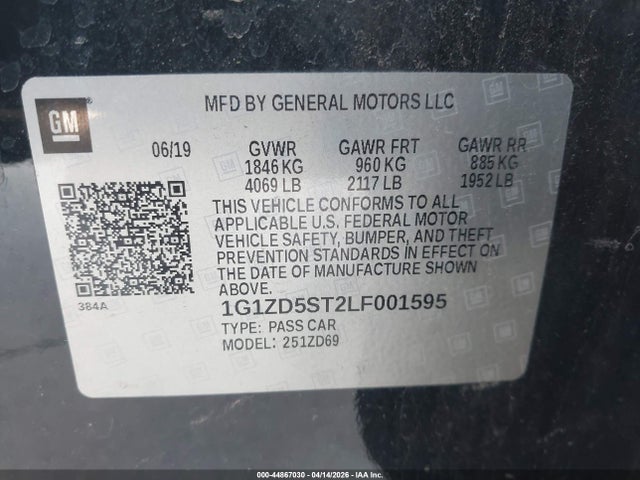 44867030 :رقم المزاد ، 1G1ZD5ST2LF001595 vin ، 2020 Chevrolet Malibu Fwd Lt مزاد بيع