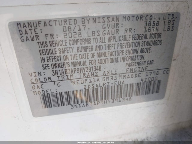 Aukcja sprzedaży 2017 Nissan Sentra Sr, vin: 3N1AB7AP9HY391348, numer aukcji: 44867041