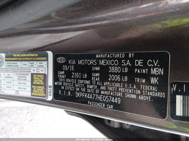 2017 Kia Forte Lx მანქანა იყიდება აუქციონზე, vin: 3KPFK4A77HE057449, აუქციონის ნომერი: 44867042