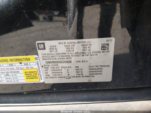 44867046 :رقم المزاد ، 1GNKRGKD0DJ254046 vin ، 2013 Chevrolet Traverse 1lt مزاد بيع