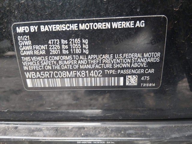 Aukcja sprzedaży 2021 Bmw 330i Xdrive, vin: WBA5R7C08MFK81402, numer aukcji: 44867066