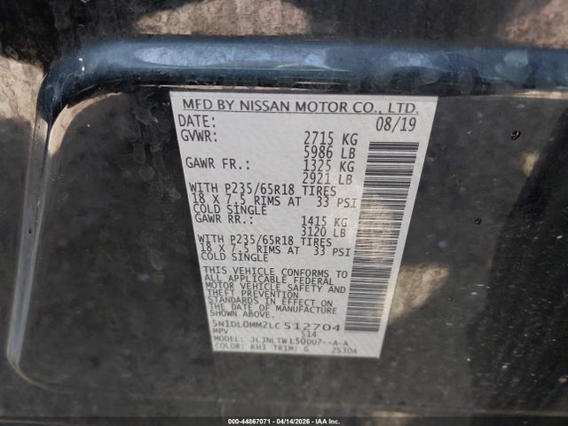 44867071 :رقم المزاد ، 5N1DL0MM2LC512704 vin ، 2020 Infiniti Qx60 Luxe Awd مزاد بيع