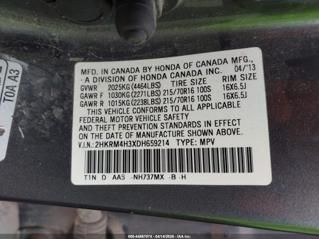 2013 Honda Cr-v Lx მანქანა იყიდება აუქციონზე, vin: 2HKRM4H3XDH659214, აუქციონის ნომერი: 44867074