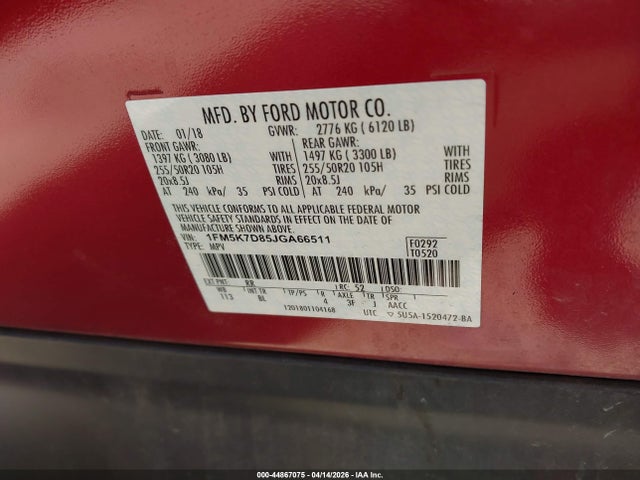1FM5K7D85JGA66511 Ford EXPLORER XLT