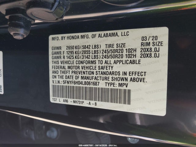 Aukcja sprzedaży 2020 Honda Pilot Awd Elite, vin: 5FNYF6H04LB061687, numer aukcji: 44867081