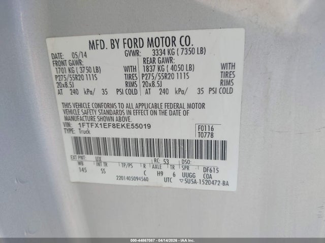 Продаж на аукціоні авто 2014 Ford F-150 Stx, vin: 1FTFX1EF8EKE55019, номер лоту: 44867087