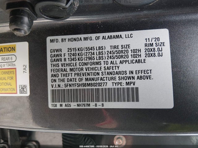 Aukcja sprzedaży 2021 Honda Pilot 2wd Touring 8 Passenger, vin: 5FNYF5H98MB020277, numer aukcji: 44867095