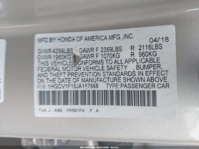 Honda ACCORD LX 2018 1HGCV1F15JA157668 Image 9