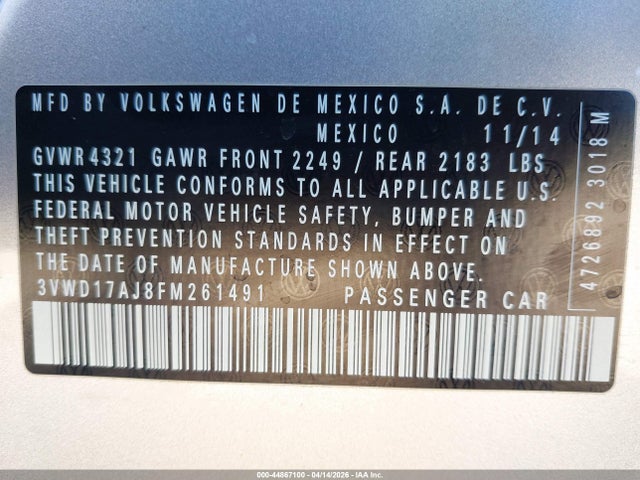44867100 :رقم المزاد ، 3VWD17AJ8FM261491 vin ، 2015 Volkswagen Jetta 1.8t Se مزاد بيع