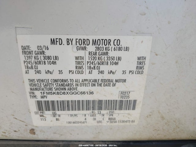 2016 Ford Explorer Xlt მანქანა იყიდება აუქციონზე, vin: 1FM5K8D8XGGC66136, აუქციონის ნომერი: 44867105