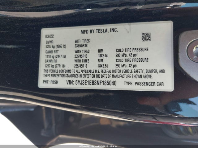 2022 Tesla Model 3 Long Range Dual Motor All-wheel Drive მანქანა იყიდება აუქციონზე, vin: 5YJ3E1EB3NF185040, აუქციონის ნომერი: 44867114