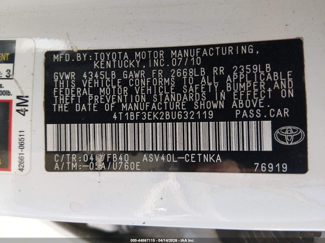 2011 Toyota Camry მანქანა იყიდება აუქციონზე, vin: 4T1BF3EK2BU632119, აუქციონის ნომერი: 44867115