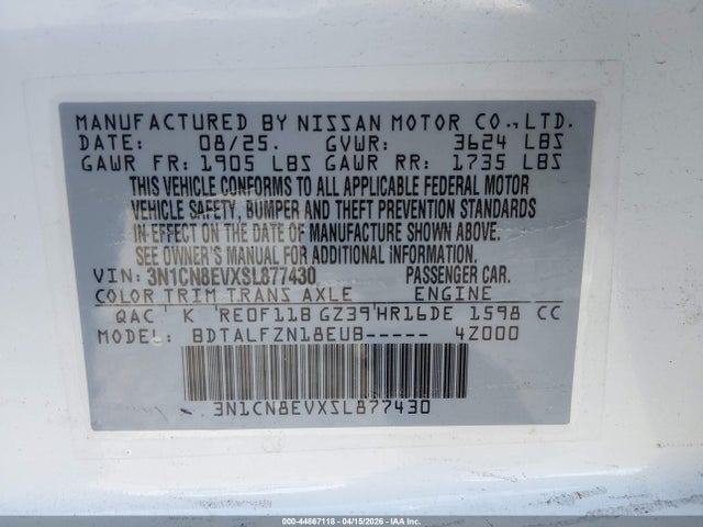 2025 Nissan Versa 1.6 Sv მანქანა იყიდება აუქციონზე, vin: 3N1CN8EVXSL877430, აუქციონის ნომერი: 44867118