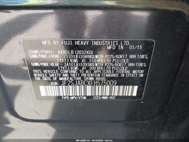 Aukcja sprzedaży 2015 Subaru Forester 2.5i, vin: JF2SJABCXFH575009, numer aukcji: 44867121