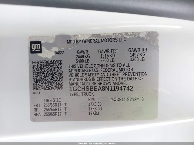 Продаж на аукціоні авто 2022 Chevrolet Colorado 2wd  Long Box Wt, vin: 1GCHSBEA8N1194742, номер лоту: 44867124