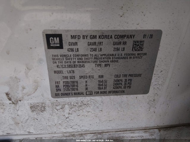 2020 Chevrolet Trax Fwd Lt მანქანა იყიდება აუქციონზე, vin: KL7CJLSB5LB313545, აუქციონის ნომერი: 44867139