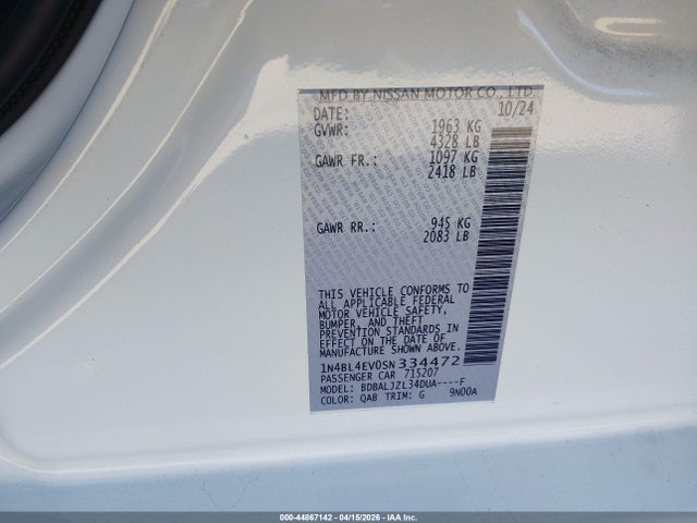Nissan Altima Sl Fwd 2025 1N4BL4EV0SN334472 Image 9