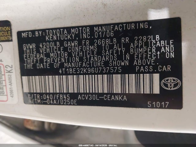 2006 TOYOTA CAMRY 4T1BE32K96U737575 Photo 8