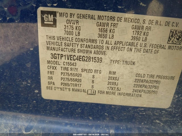 Продаж на аукціоні авто 2014 Gmc Sierra 1500 Slt, vin: 3GTP1VEC4EG281539, номер лоту: 44867151