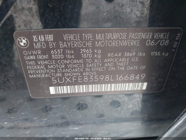 44867155 :رقم المزاد ، 5UXFE83598L166849 vin ، 2008 Bmw X5 4.8i مزاد بيع