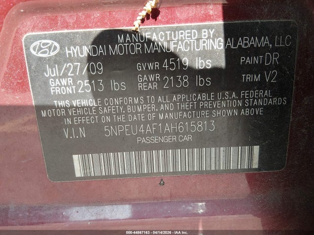 Aukcja sprzedaży 2010 Hyundai Sonata Limited V6, vin: 5NPEU4AF1AH615813, numer aukcji: 44867163