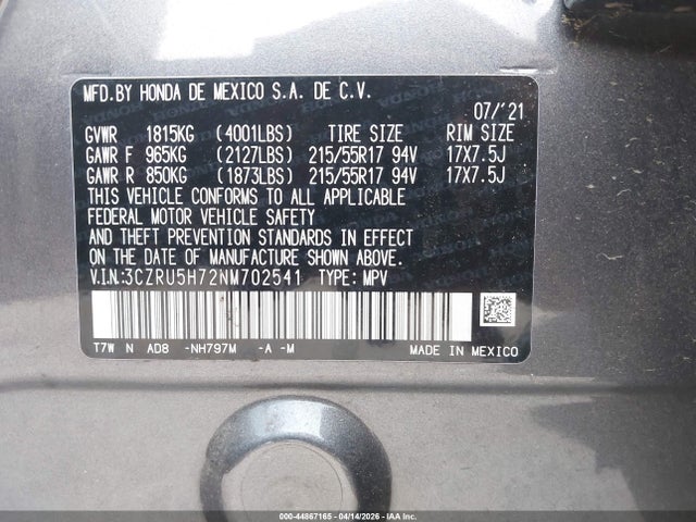 44867165 :رقم المزاد ، 3CZRU5H72NM702541 vin ، 2022 Honda Hr-v 2wd Ex-l مزاد بيع
