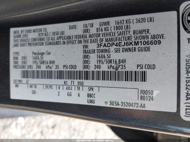 Продажа на аукционе авто 2019 Ford Fiesta Se, vin: 3FADP4EJ6KM106609, номер лота: 44867196