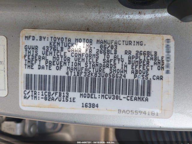 2003 Toyota Camry Le V6 მანქანა იყიდება აუქციონზე, vin: 4T1BF32K83U056624, აუქციონის ნომერი: 44867201