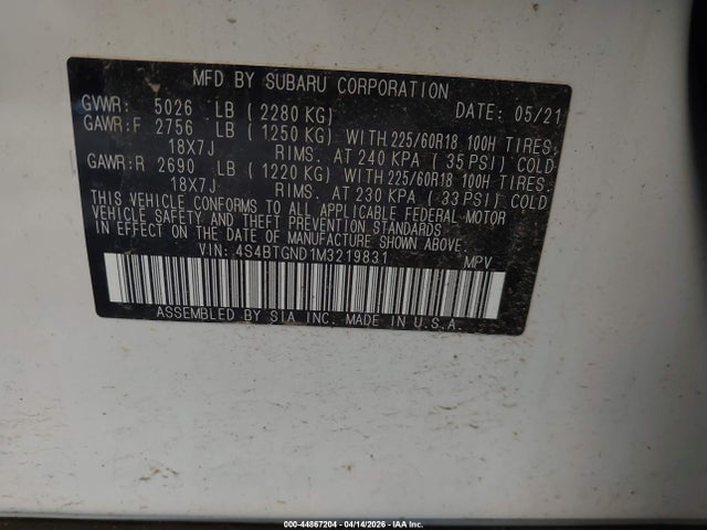 44867204 :رقم المزاد ، 4S4BTGND1M3219831 vin ، 2021 Subaru Outback Limited Xt مزاد بيع